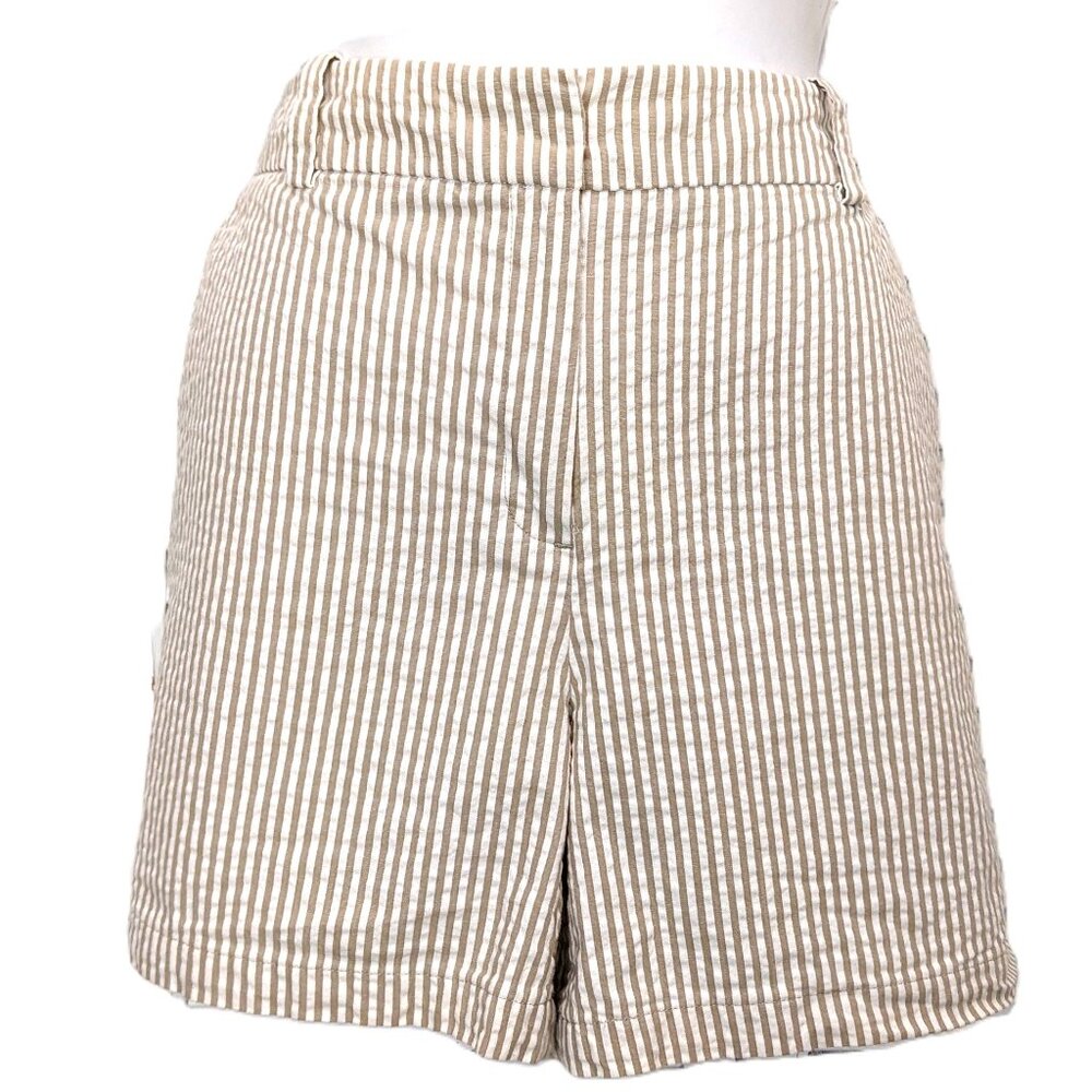 Sandro Seersucker Shorts Womens Size 14 Tan White Stripe Flat Front Chino 36x5